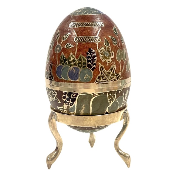 Enameled Cloisonne Brass Egg Trinket Box with Brass Stand Fruit & Flower Design. - Picture 2 of 15